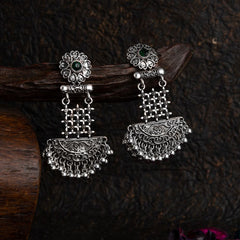 Silver Plated Floral Artwork Design Stone Studded With Beads Fashion Antique Earring- AER 1564