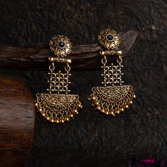 Gold Plated Floral Artwork Design Stone Studded With Beads Fashion Antique Earring- AER 1565