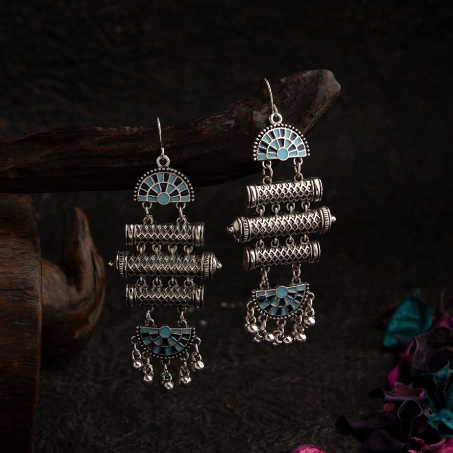 Silver Plated Geometric Shaped Dual Colored Enamel Artwork With Beads Fashion Antique Earring- AER 1566