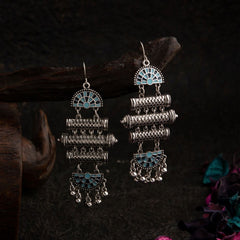 Silver Plated Geometric Shaped Dual Colored Enamel Artwork With Beads Fashion Antique Earring- AER 1566