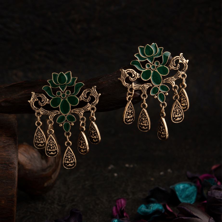 Gold Plated Lotus Designed Enamel Artwork Fashion Antique Earring