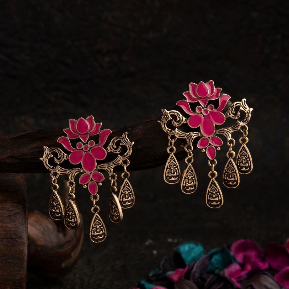 Gold Plated Lotus Designed Enamel Artwork Fashion Antique Earring- AER 1569