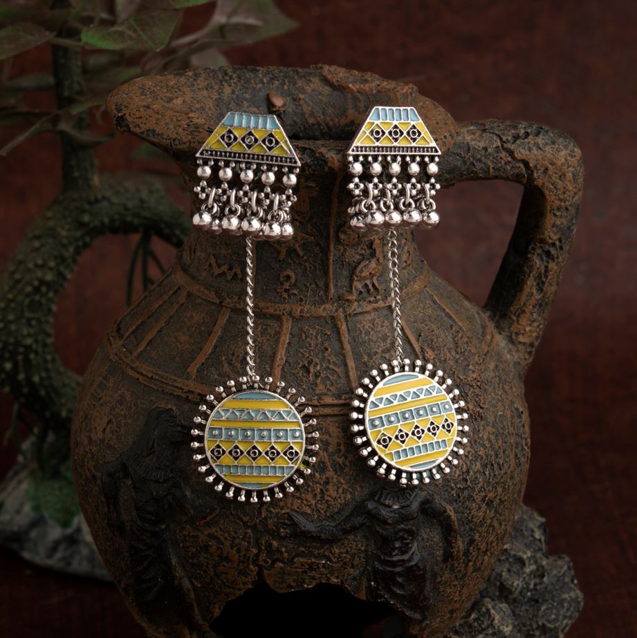 Silver Plated Geometric Shaped Enamel Artwork With Beads Designed Antique Earring- AER 1610