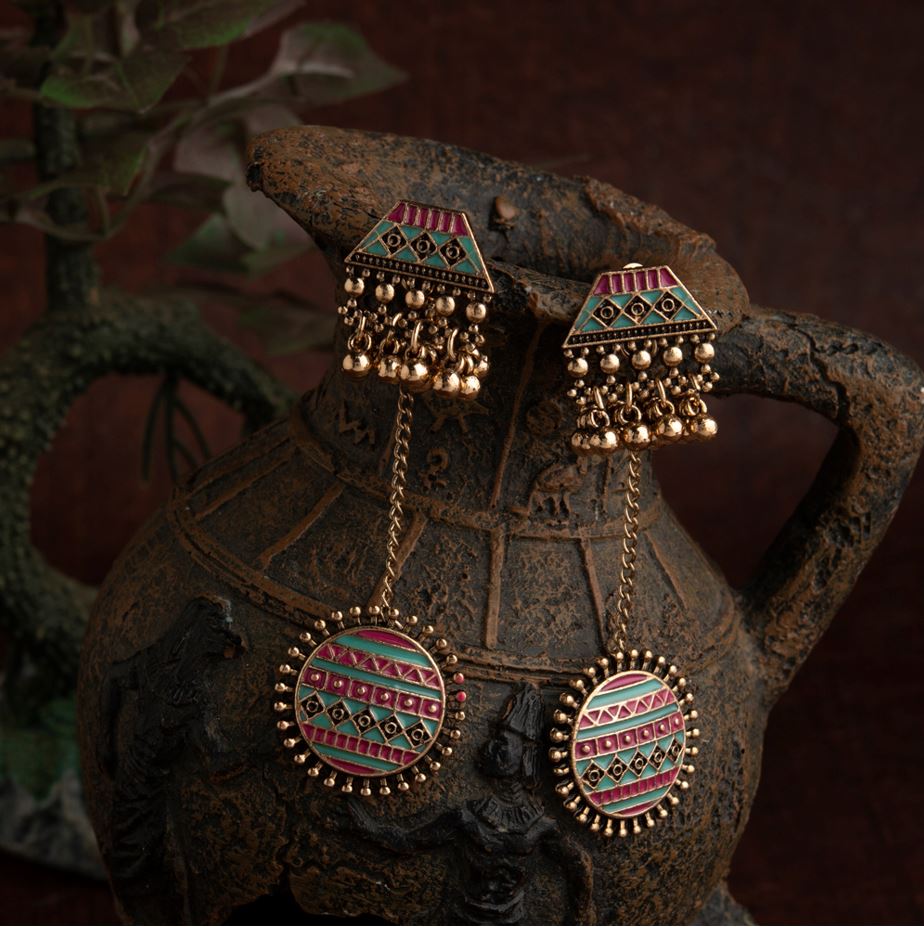 Gold Plated Geometric Shaped Enamel Artwork With Beads Designed Antique Earring- AER 1618