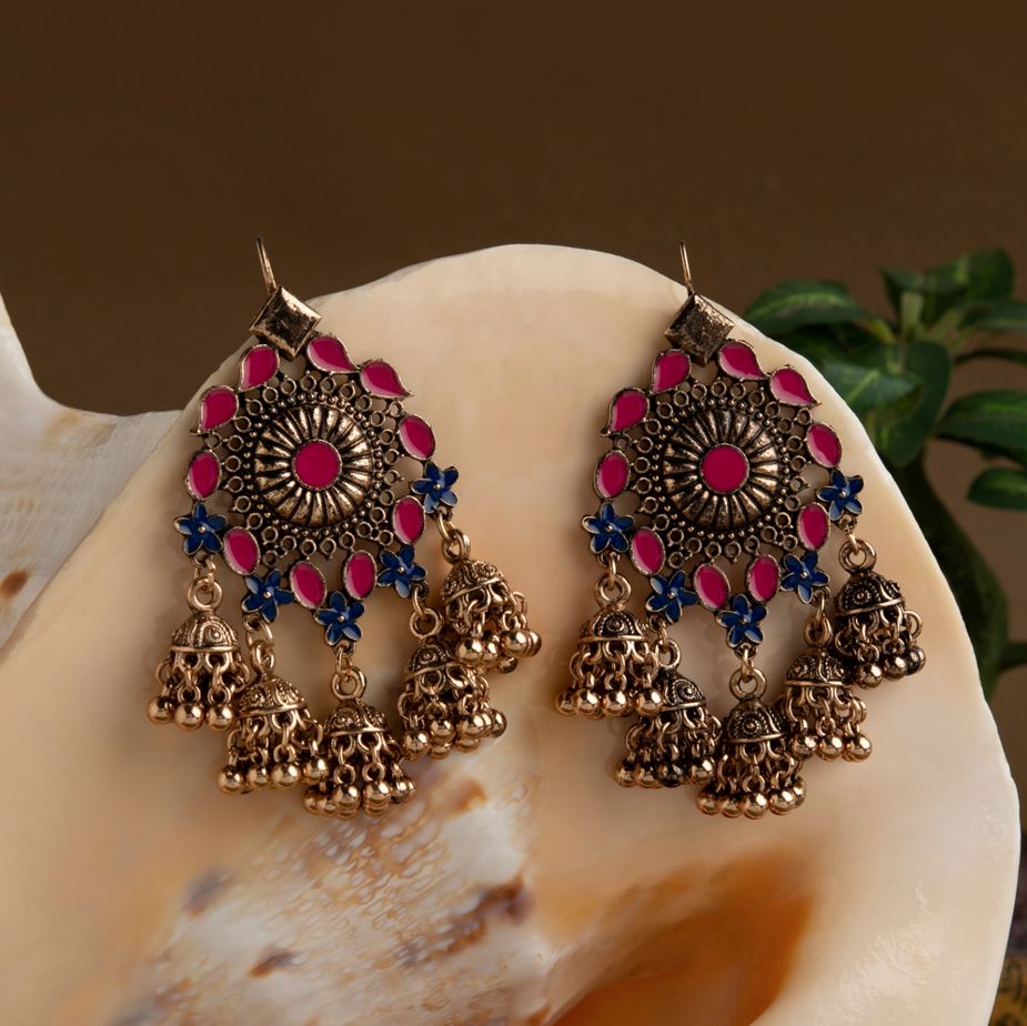 Gold Plated Floral Enamel Design Antique Jhumki Earring