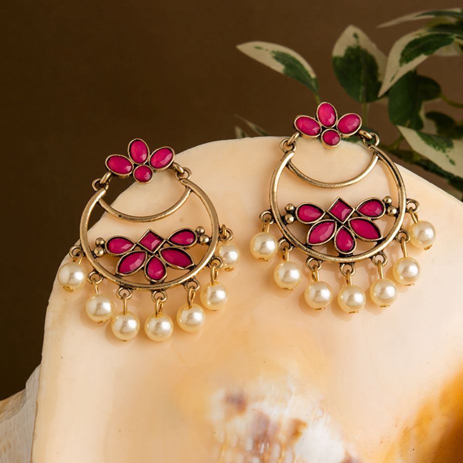 Gold Plated Geometric Shaped With Stone Studded Dangling Pearl Fashion Antique Earring- AER 1621