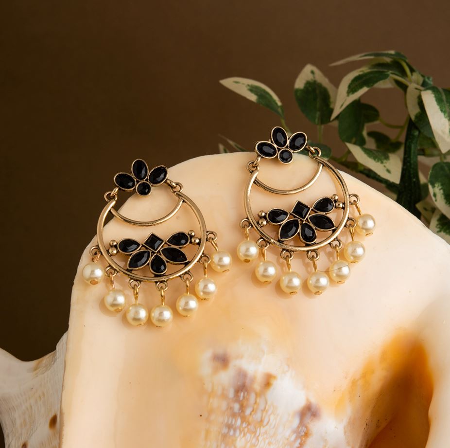 Gold Plated Geometric Shaped With Stone Studded Dangling Pearl Fashion Antique Earring- AER 1621