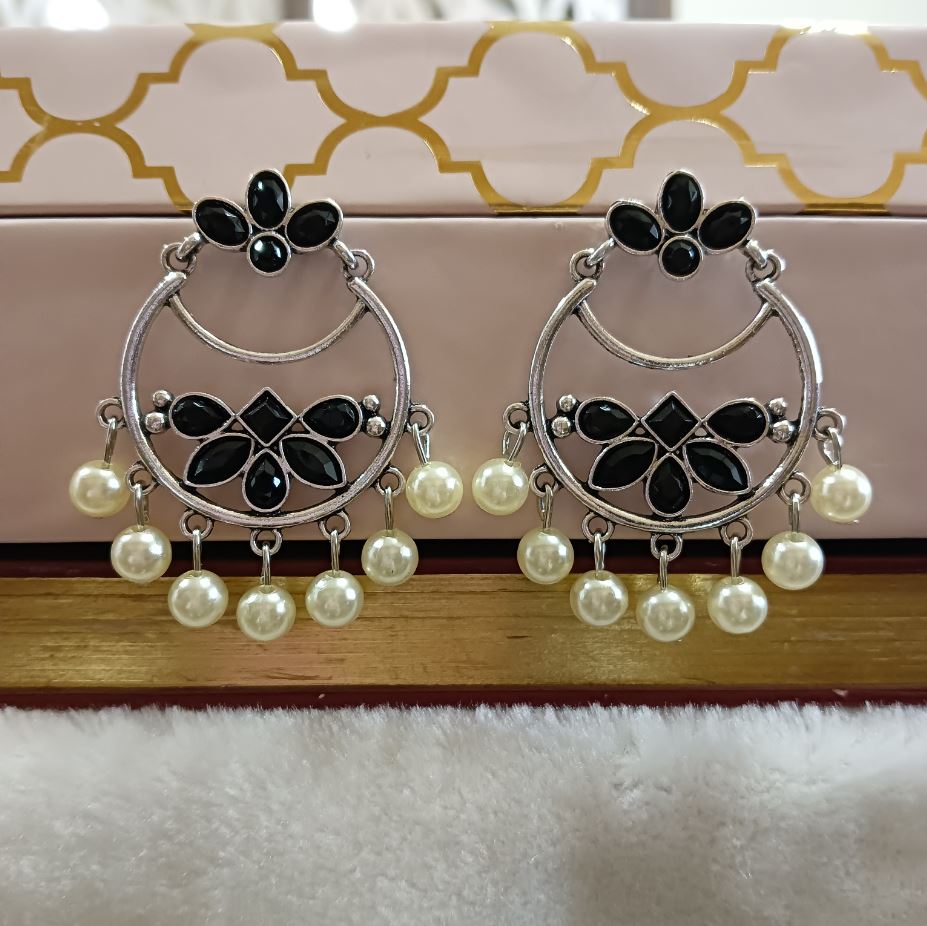 Silver Plated Geometric Shaped With Stone Studded Dangling Pearl Fashion Antique Earring- AER 1622