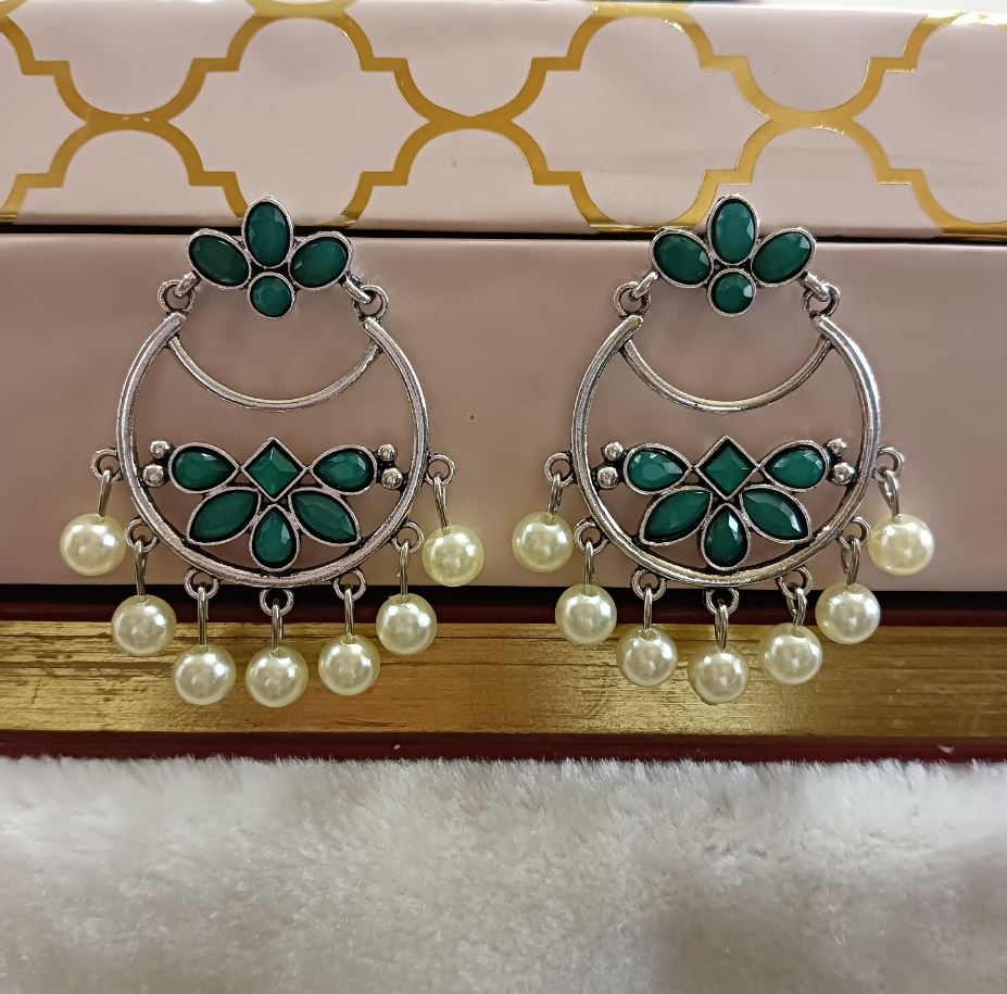 Silver Plated Geometric Shaped With Stone Studded Dangling Pearl Fashion Antique Earring