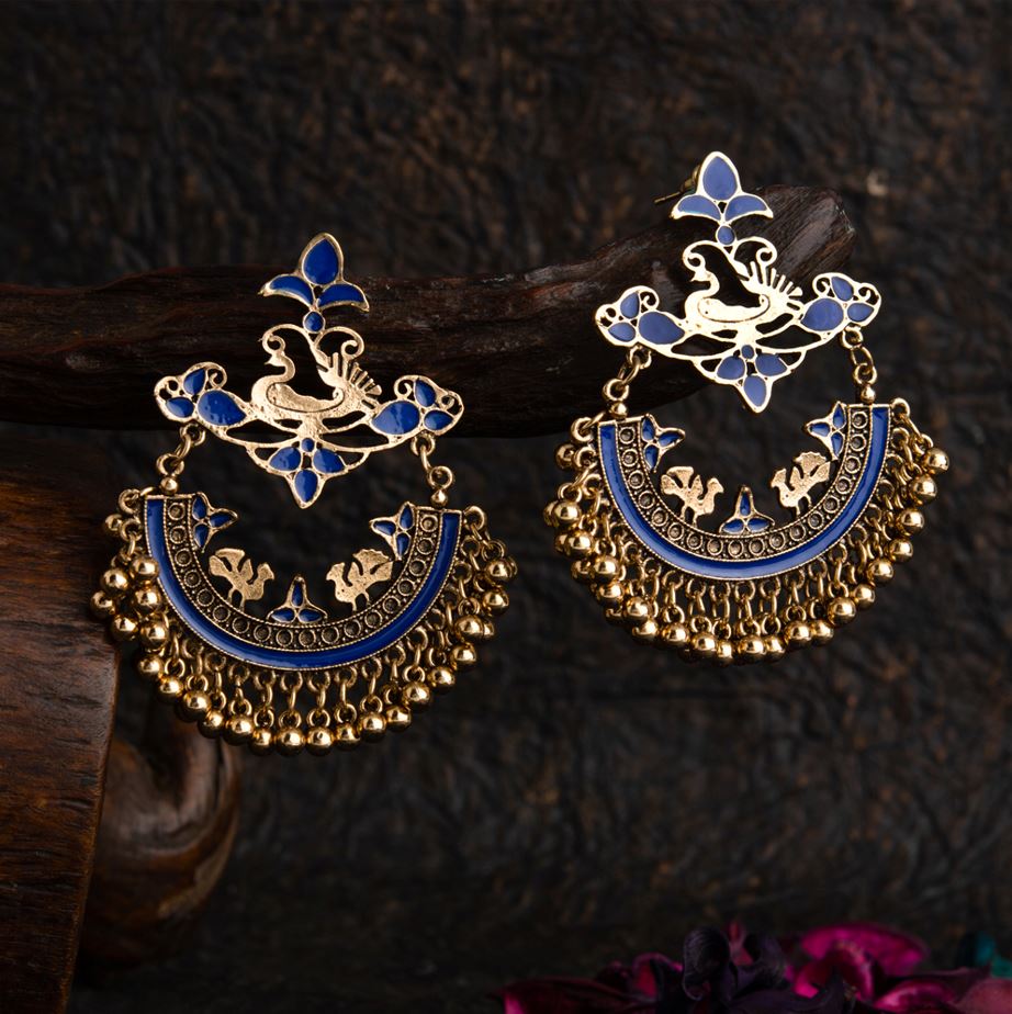 Gold Plated Floral &amp; Peacock Designed Enamel Artwork With Beads Fashion Antique Earring