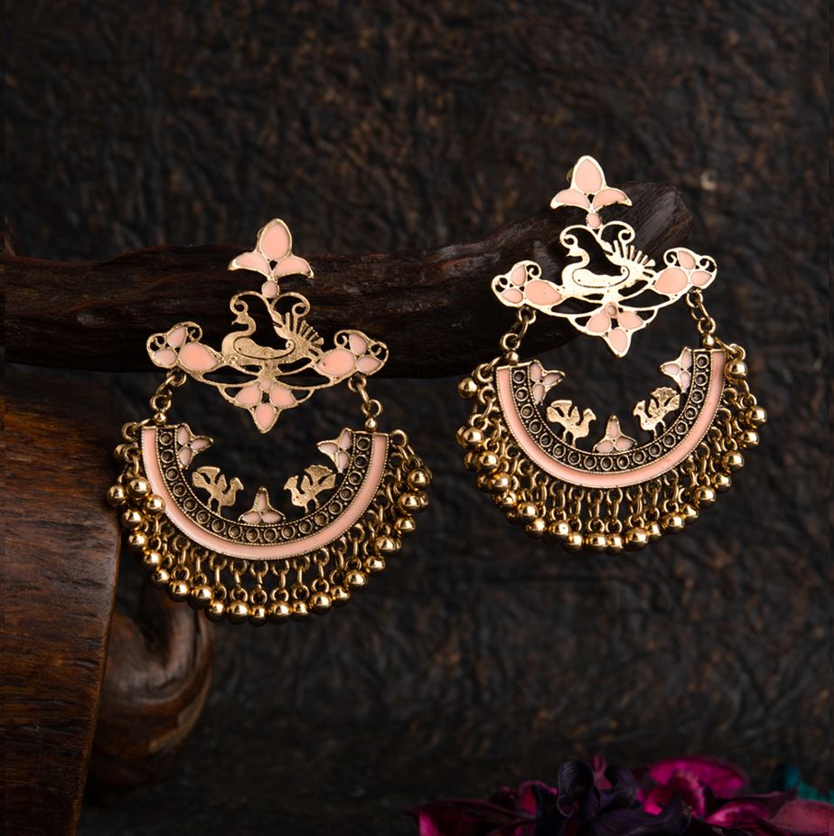 Gold Plated Floral &amp; Peacock Designed Enamel Artwork With Beads Fashion Antique Earring- AER 1623