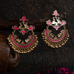 Gold Plated Floral &amp; Peacock Designed Enamel Artwork With Beads Fashion Antique Earring- AER 1623