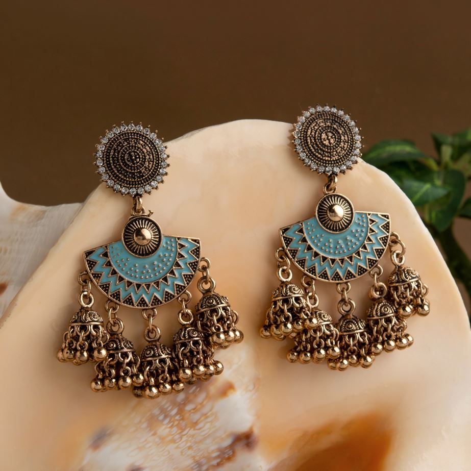 Gold Plated Floral Designed Stone &amp; Enamel Artwork Antique Jhumki Earring