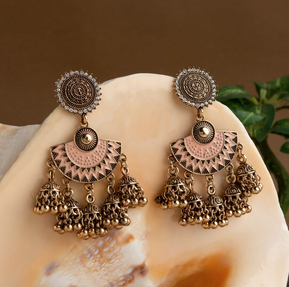 Gold Plated Floral Designed Stone &amp; Enamel Artwork Antique Jhumki Earring