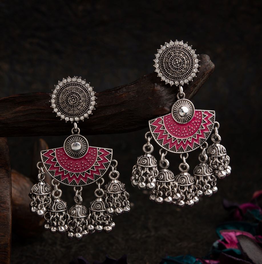 Silver Plated Floral Designed Stone &amp; Enamel Artwork Antique Jhumki Earring- AER 1627