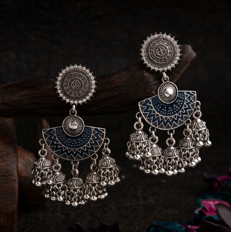 Silver Plated Floral Designed Stone &amp; Enamel Artwork Antique Jhumki Earring- AER 1627
