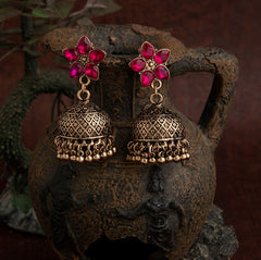 Gold Plated Floral Designed Stone Studded Antique Jhumki Earring- AER 1628