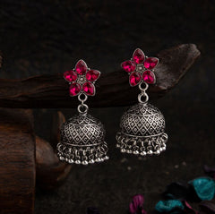 Silver Plated Floral Designed Stone Studded Antique Jhumki Earring- AER 1629