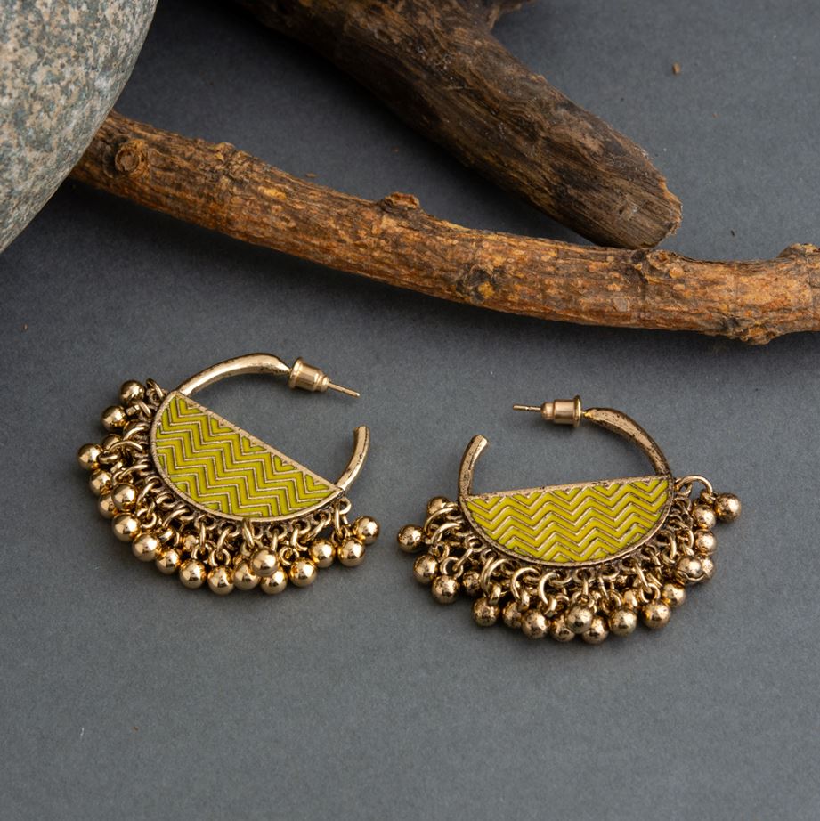 Gold Plated Semi Circle Shaped Enamel Artwork Design With Beads Fashion Antique Earring- AER 1630