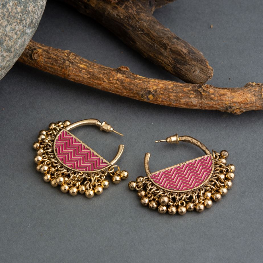 Gold Plated Semi Circle Shaped Enamel Artwork Design With Beads Fashion Antique Earring- AER 1630