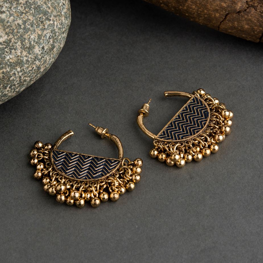 Gold Plated Semi Circle Shaped Enamel Artwork Design With Beads Fashion Antique Earring- AER 1630