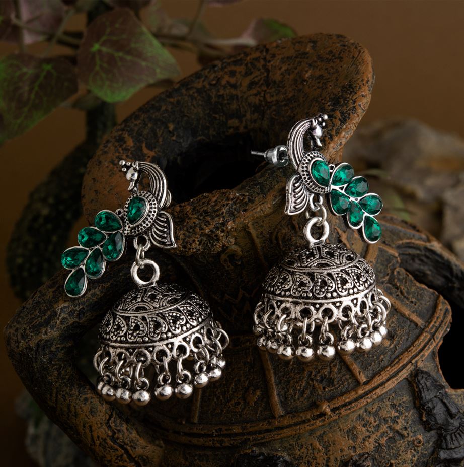 Silver Plated Peacock Design Artwork Stone Studded Fashion Antique Jhumki Earring