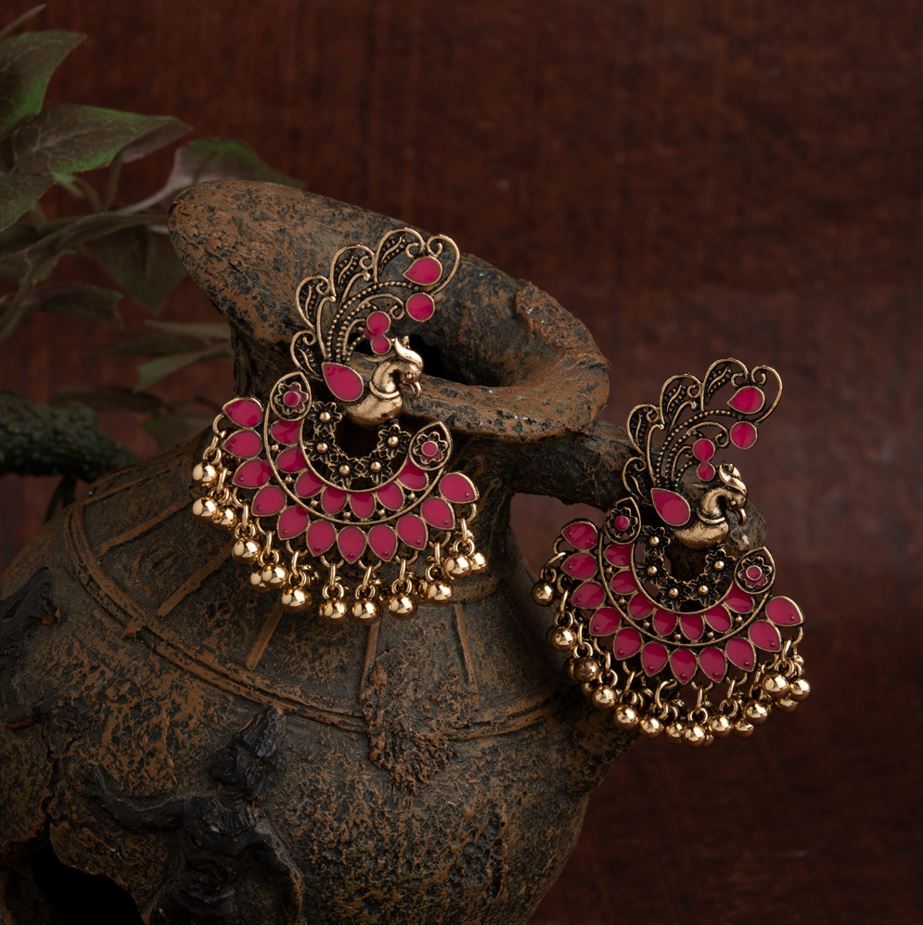 Gold Plated Peacock Designed Enamel Artwork With Beads Fashion Antique Earring- AER 1634