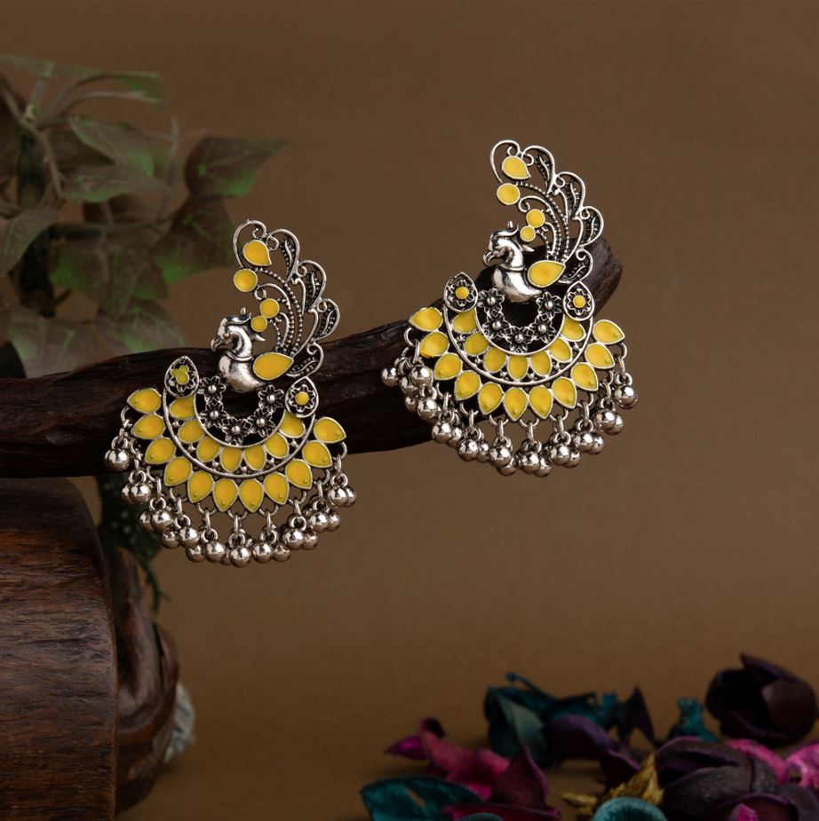 Silver Plated Peacock Designed Enamel Artwork With Beads Fashion Antique Earring- AER 1635