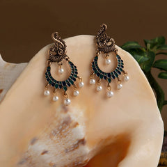 Gold Plated Peacock Designed Enamel Artwork With Dangling Pearl Antique Earring- AER 1636