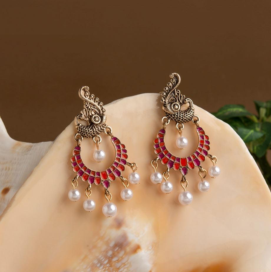 Gold Plated Peacock Designed Enamel Artwork With Dangling Pearl Antique Earring- AER 1636