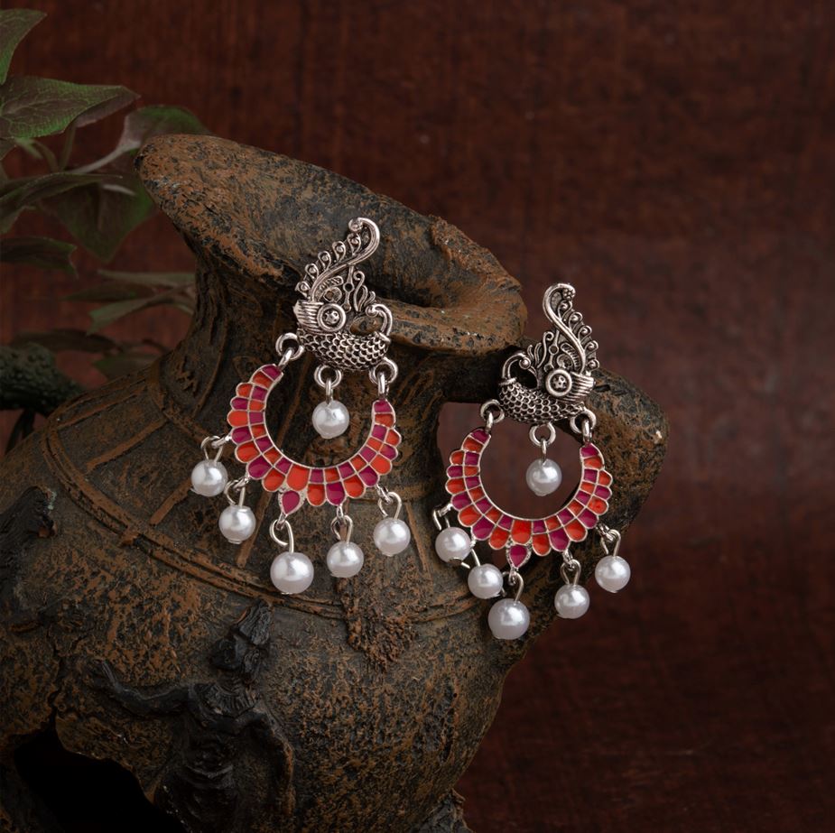 Silver Plated Peacock Designed Enamel Artwork With Dangling Pearl Antique Earring- AER 1637