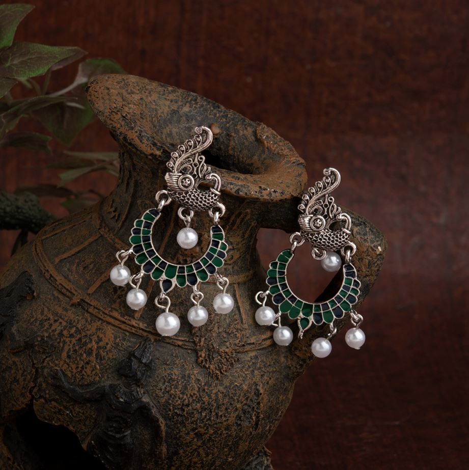 Silver Plated Peacock Designed Enamel Artwork With Dangling Pearl Antique Earring- AER 1637