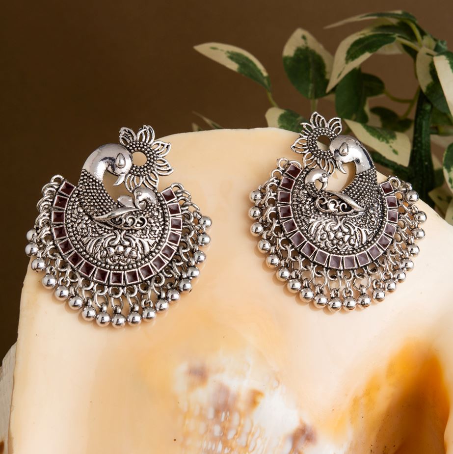 Silver Plated Peacock Design Enamel Artwork With Beads Fashion Antique Oxidised Earring