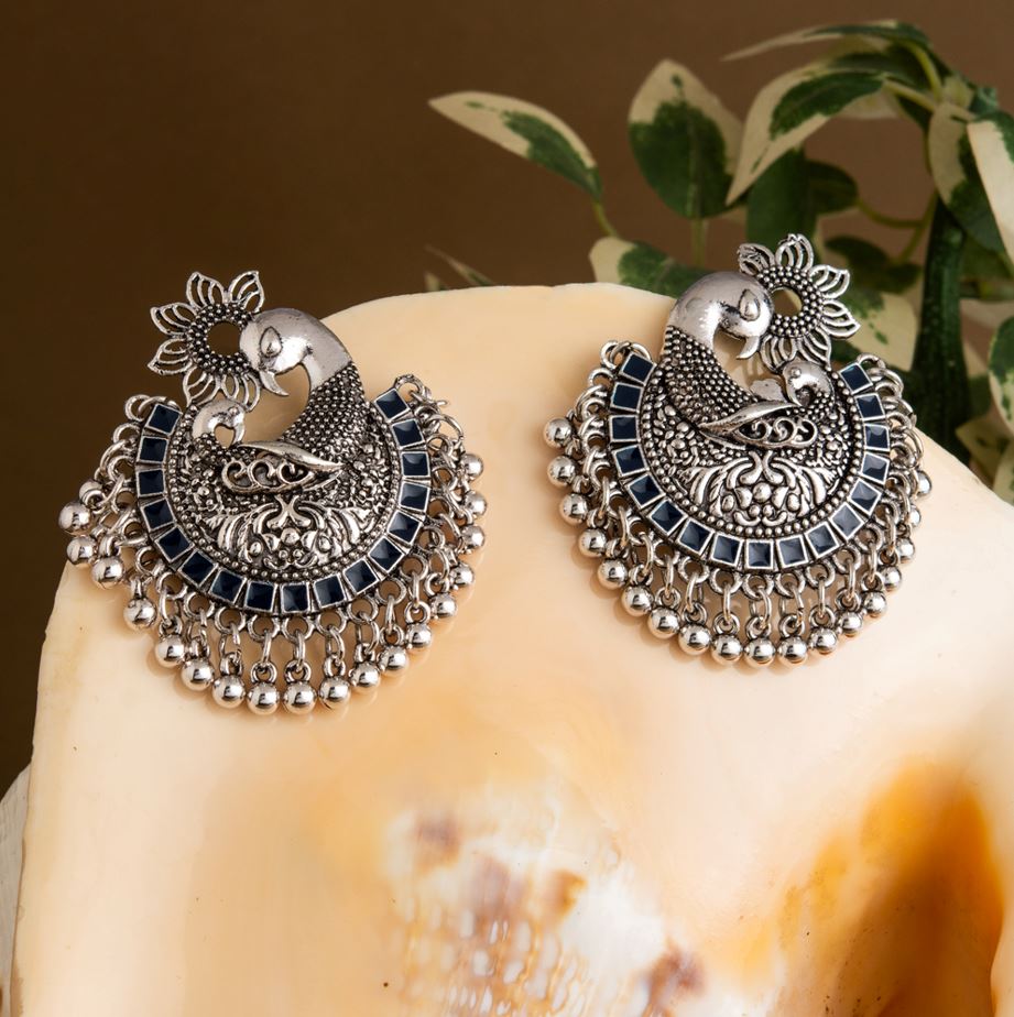 Silver Plated Peacock Design Enamel Artwork With Beads Fashion Antique Oxidised Earring- AER 1638