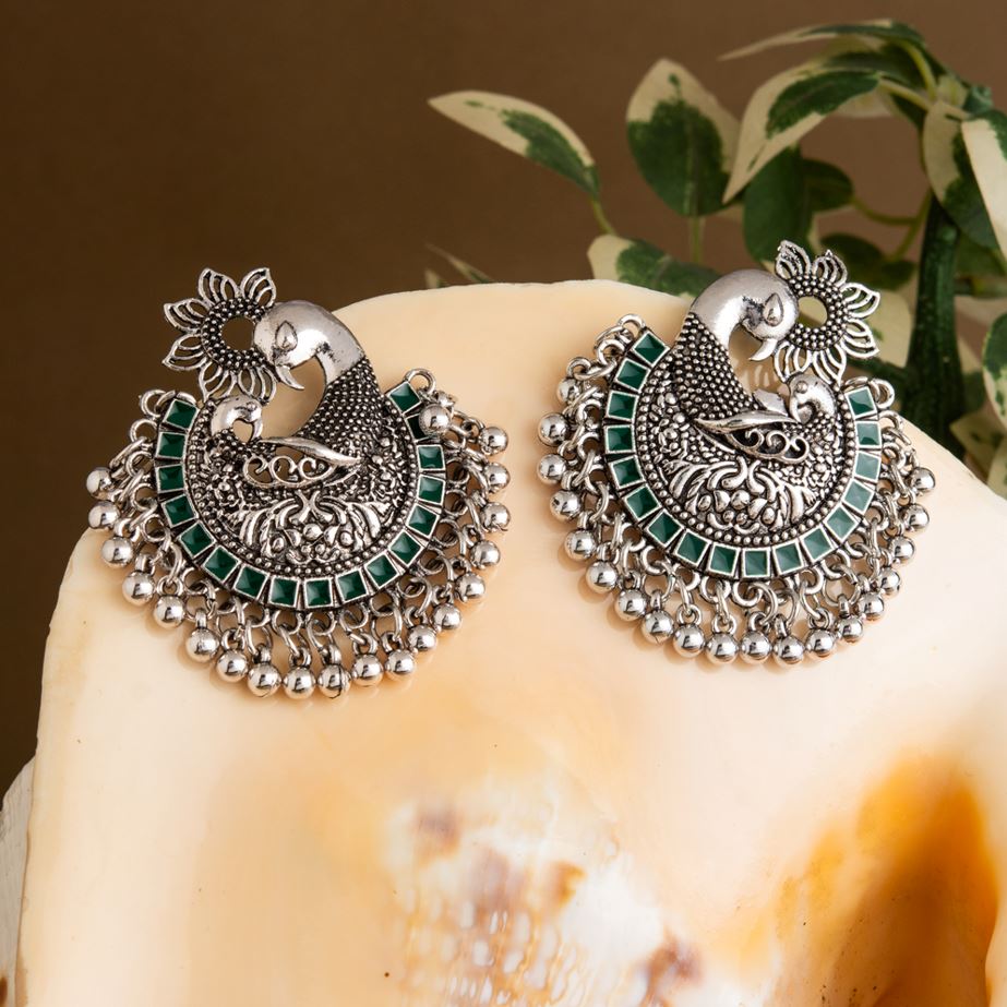 Silver Plated Peacock Design Enamel Artwork With Beads Fashion Antique Oxidised Earring