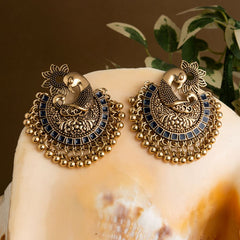 Gold Plated Peacock Design Enamel Artwork With Beads Fashion Antique Oxidised Earring- AER 1639