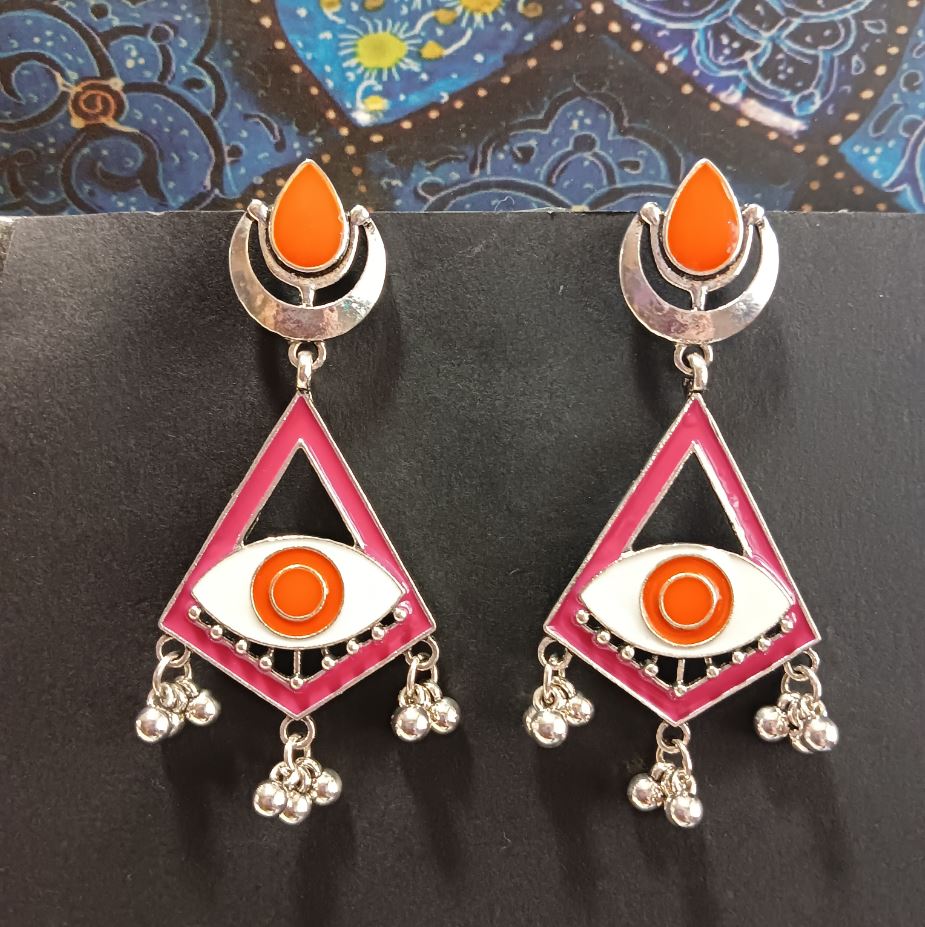 Silver Plated Geometric Shaped With Evil Eye Enamel Artwork Fashion Antique Fashion Earring- AER 1641