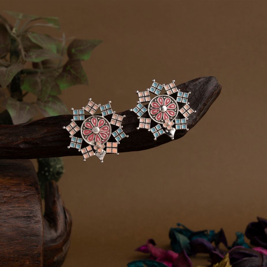 Silver Plated Floral Enamel Designed Artwork Antique Earring