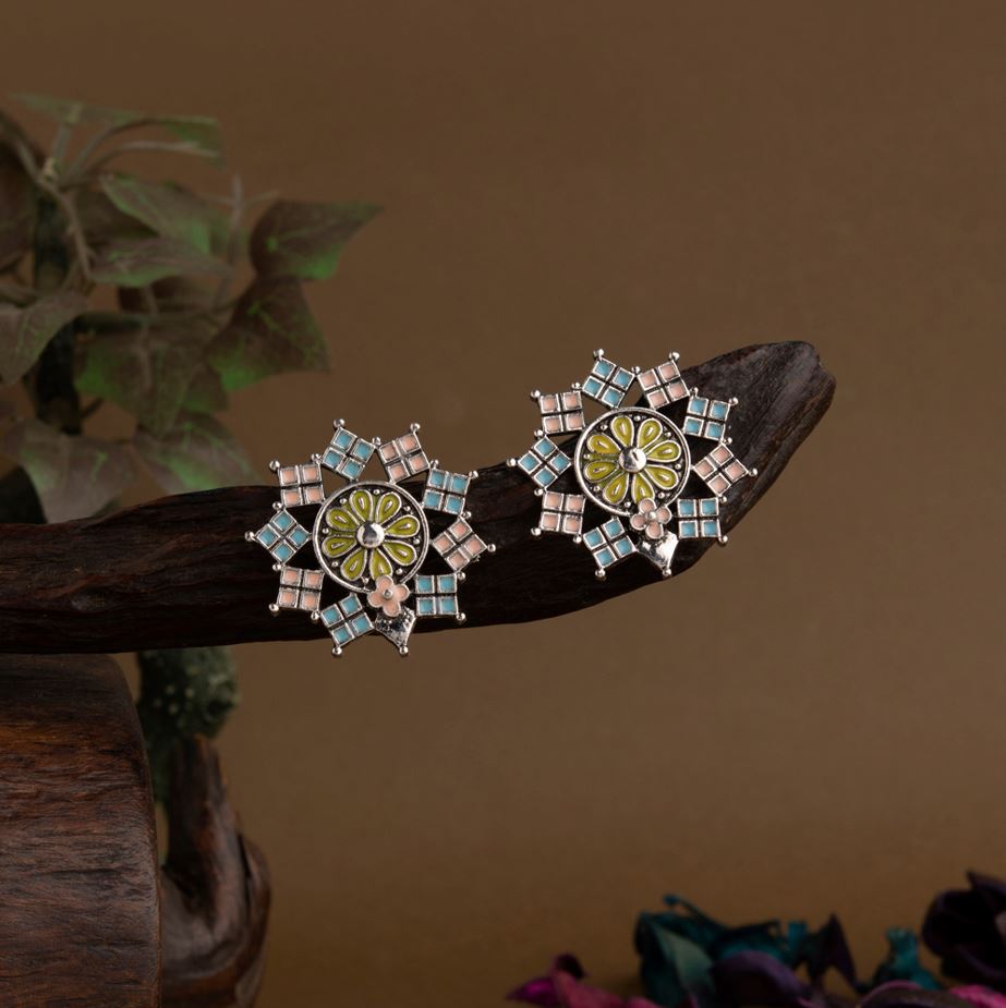 Silver Plated Floral Enamel Designed Artwork Antique Earring