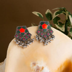 Silver Plated Pentagon Shaped Tri Colored Enamel Artwork With Beads Fashion Antique Earring- AER 1646