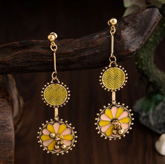 Gold Plated Circle Shaped &amp; Floral Design Dual Colored Enamel Artwork Antique Fashion Earring- AER 1648
