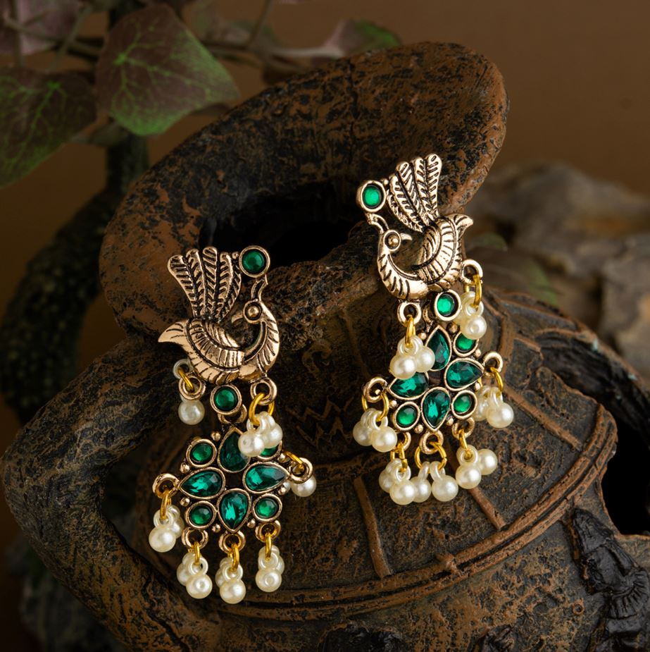 Gold Plated Peacock Design Stone Studded With Hanging Pearl Fashion Antique Earring- AER 1649