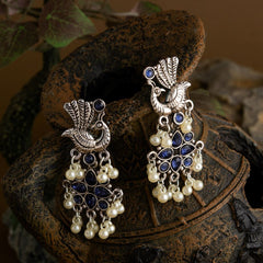 Silver Plated Peacock Design Stone Studded With Hanging Pearl Fashion Antique Earring- AER 1650