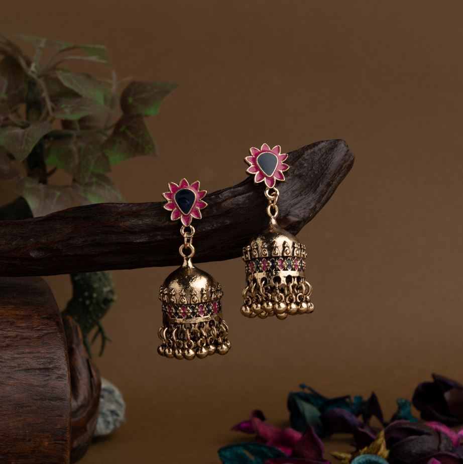 Gold Plated Floral Designed Enamel Artwork Antique Jhumki Earring