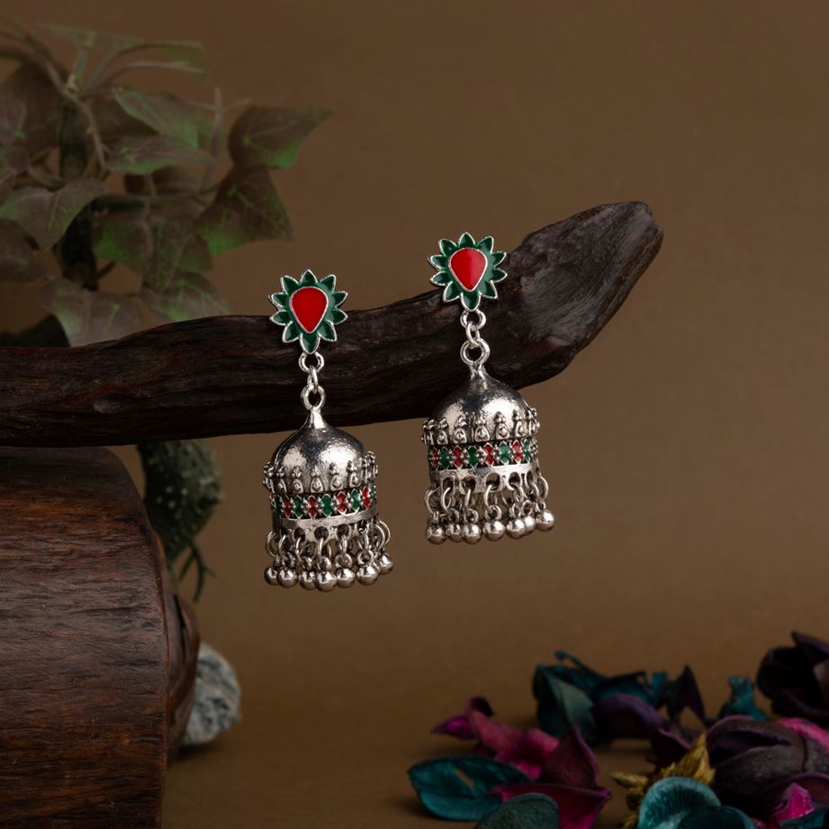 Silver Plated Floral Designed Enamel Artwork Antique Jhumki Earring
