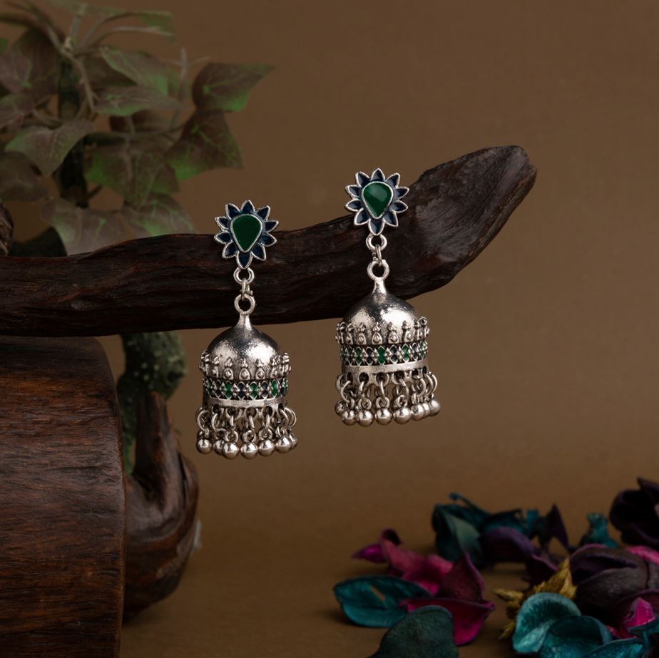 Silver Plated Floral Designed Enamel Artwork Antique Jhumki Earring- AER 1652