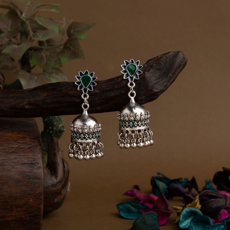 Silver Plated Floral Designed Enamel Artwork Antique Jhumki Earring