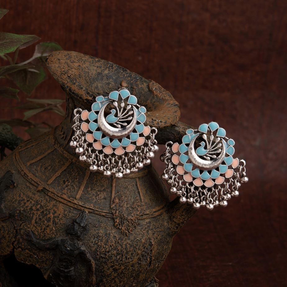 Silver Plated Peacock Design Enamel Artwork With Beads Fashion Antique Earring- AER 1653