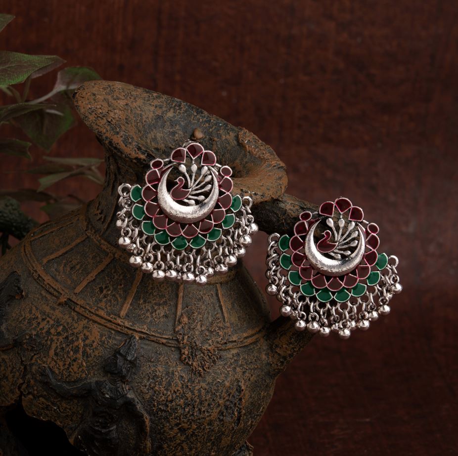Silver Plated Peacock Design Enamel Artwork With Beads Fashion Antique Earring- AER 1653