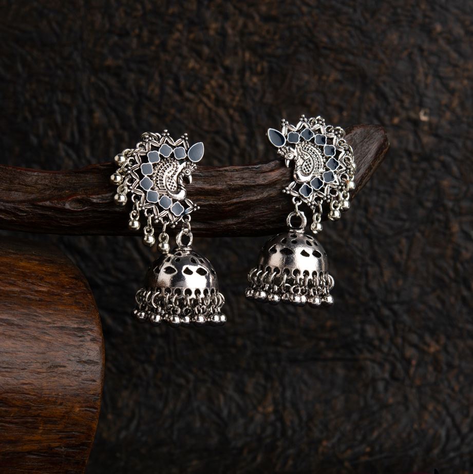 Silver Plated Peacock Design Enamel Artwork Fashion Antique Jhumki Earring- AER 1656
